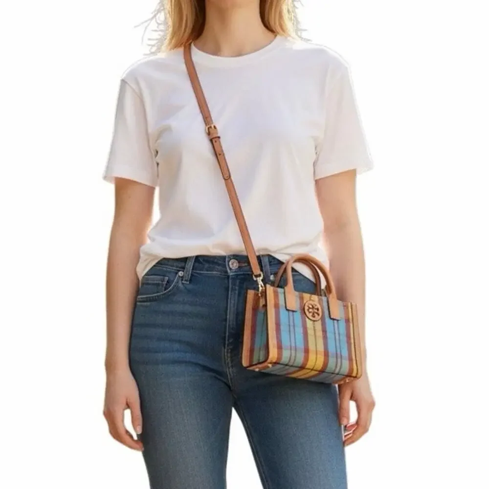 Tory Burch Ella Mini Plaid Top Handle Crossbody Tote Bag Multicolor Leather Trim - Picture 3 of 16